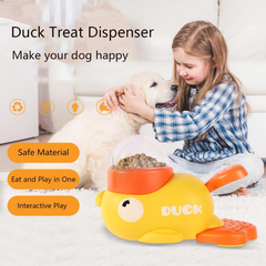 A pet food dispenser in the shape of a yellow duck. Press and rotate to dispense food. A pet entertainment device that helps you relax and unwind without plugging in.