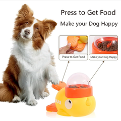 A pet food dispenser in the shape of a yellow duck. Press and rotate to dispense food. A pet entertainment device that helps you relax and unwind without plugging in.