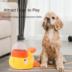A pet food dispenser in the shape of a yellow duck. Press and rotate to dispense food. A pet entertainment device that helps you relax and unwind without plugging in.