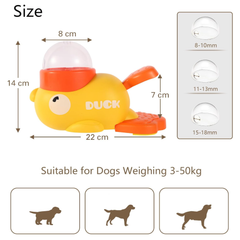 A pet food dispenser in the shape of a yellow duck. Press and rotate to dispense food. A pet entertainment device that helps you relax and unwind without plugging in.
