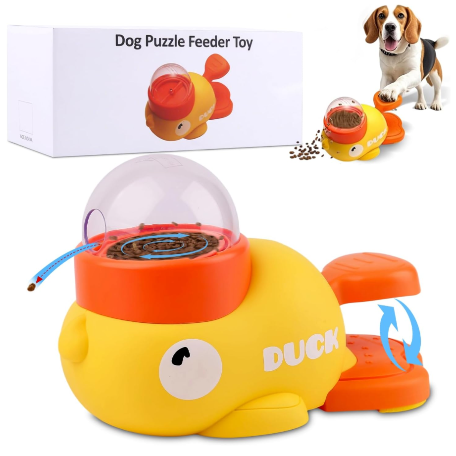 A pet food dispenser in the shape of a yellow duck. Press and rotate to dispense food. A pet entertainment device that helps you relax and unwind without plugging in.