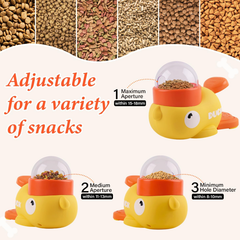 A pet food dispenser in the shape of a yellow duck. Press and rotate to dispense food. A pet entertainment device that helps you relax and unwind without plugging in.