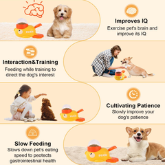 A pet food dispenser in the shape of a yellow duck. Press and rotate to dispense food. A pet entertainment device that helps you relax and unwind without plugging in.